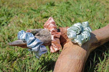 Mulberry Silk Hair Scrunchies - Desert Dawn Trio (Sky Blue, Pea Green & Rose Gold)