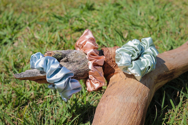Mulberry Silk Hair Scrunchies - Desert Dawn Trio (Sky Blue, Pea Green & Rose Gold)