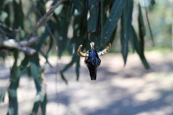 Cow Skull Pendant - (Black) with Black Stainless Steel Chain