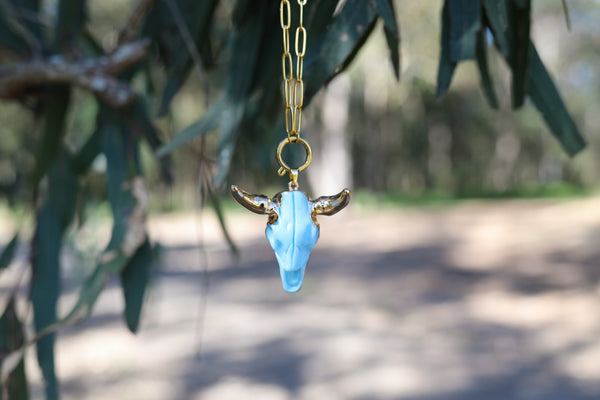 Light Blue ~ Cow Skull Pendant - with Gold Plated Stainless Steel Paperclip Chain