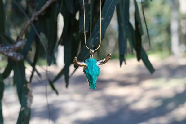 Green Cow Skull Pendant ~ with Gold Plated Stainless Steel Snake Chain