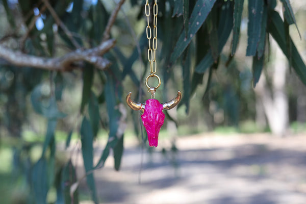 Hot Pink Cow Skull Pendant ~ with Gold Plated Stainless Steel Paperclip Chain