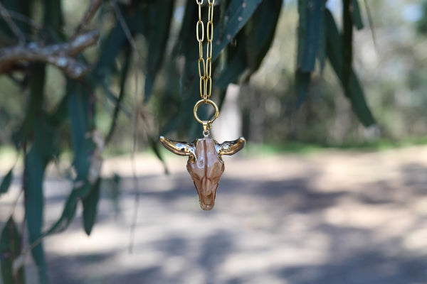 Brown ~ Cow Skull Pendant ~ with Gold Plated Stainless Steel Paperclip Chain