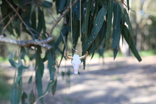 Taupe Cow Skull ~ with Gold Plated Stainless Steel Snake Chain