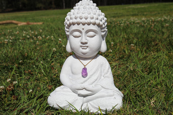 Rough Cut Vintage Pink Amethyst Pendant Necklace - Gold