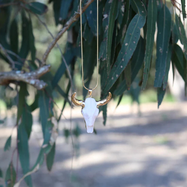 Taupe Cow Skull ~ with Gold Plated Stainless Steel Snake Chain (Final Sale ~ No Restock)