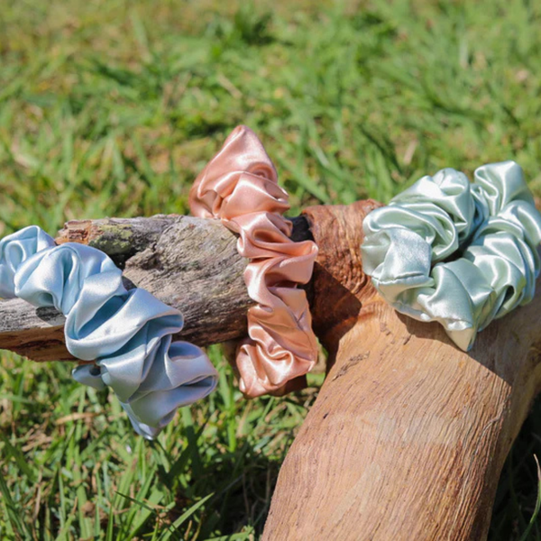 Mulberry Silk Hair Scrunchies - Desert Dawn Trio (Sky Blue, Pea Green & Rose Gold)