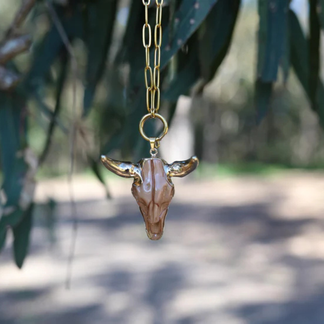 Brown ~ Cow Skull Pendant ~ with Gold Plated Stainless Steel Paperclip Chain