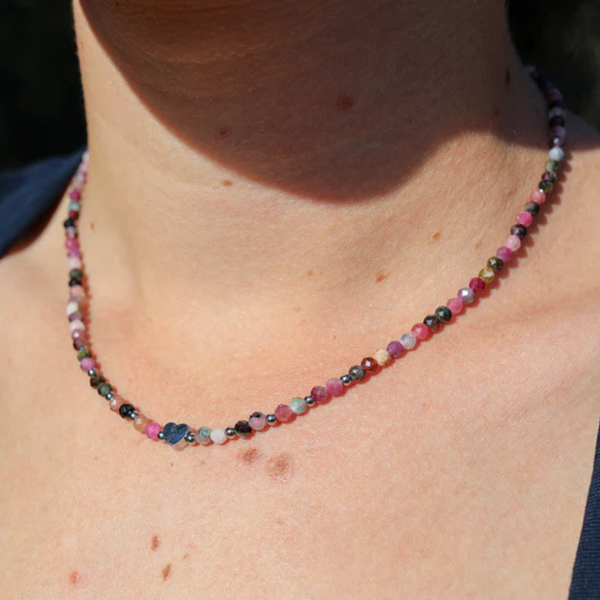 Natural Tourmaline with Stainless Steel Heart Choker