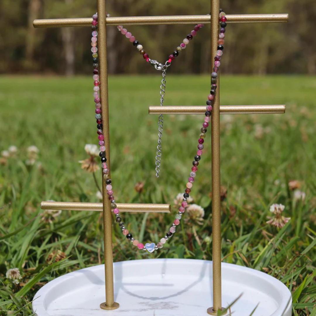 Natural Tourmaline with Stainless Steel Heart Choker