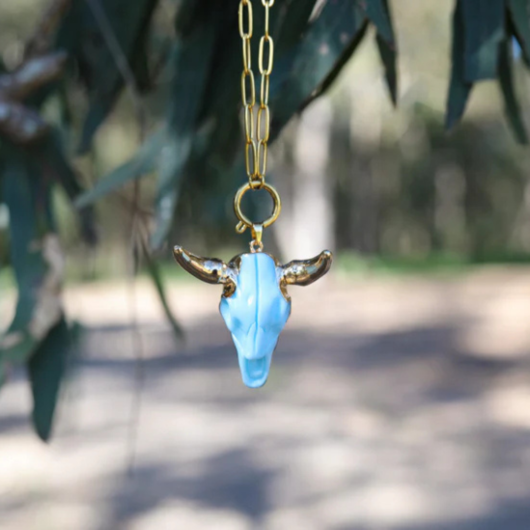 Light Blue ~ Cow Skull Pendant - with Gold Plated Stainless Steel Paperclip Chain