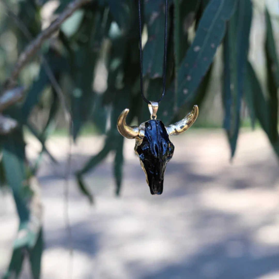 Cow Skull Pendant - (Black) with Black Stainless Steel Chain