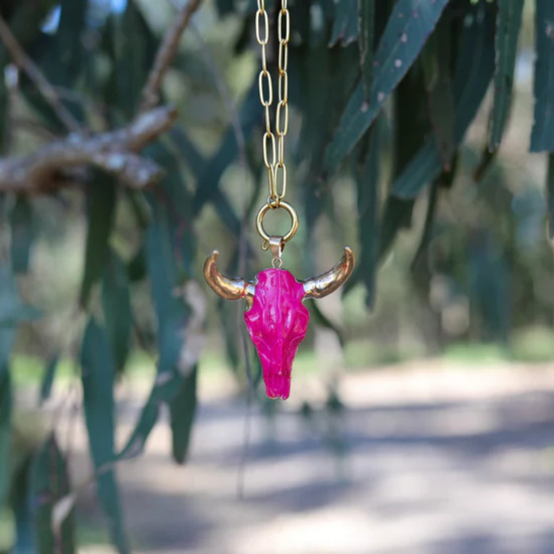 Hot Pink Cow Skull Pendant ~ with Gold Plated Stainless Steel Paperclip Chain