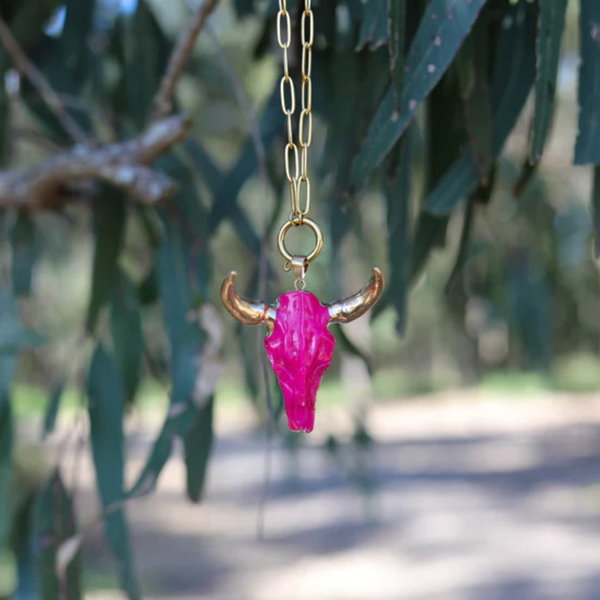 Hot Pink Cow Skull Pendant ~ with Gold Plated Stainless Steel Paperclip Chain