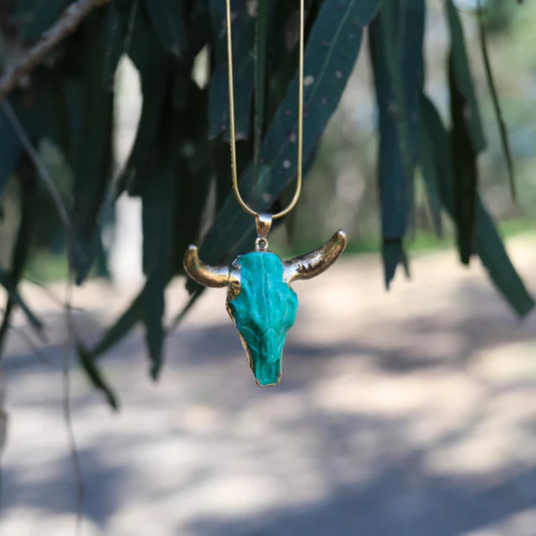 Green Cow Skull Pendant ~ with Gold Plated Stainless Steel Snake Chain (Final Sale ~ No Restock)